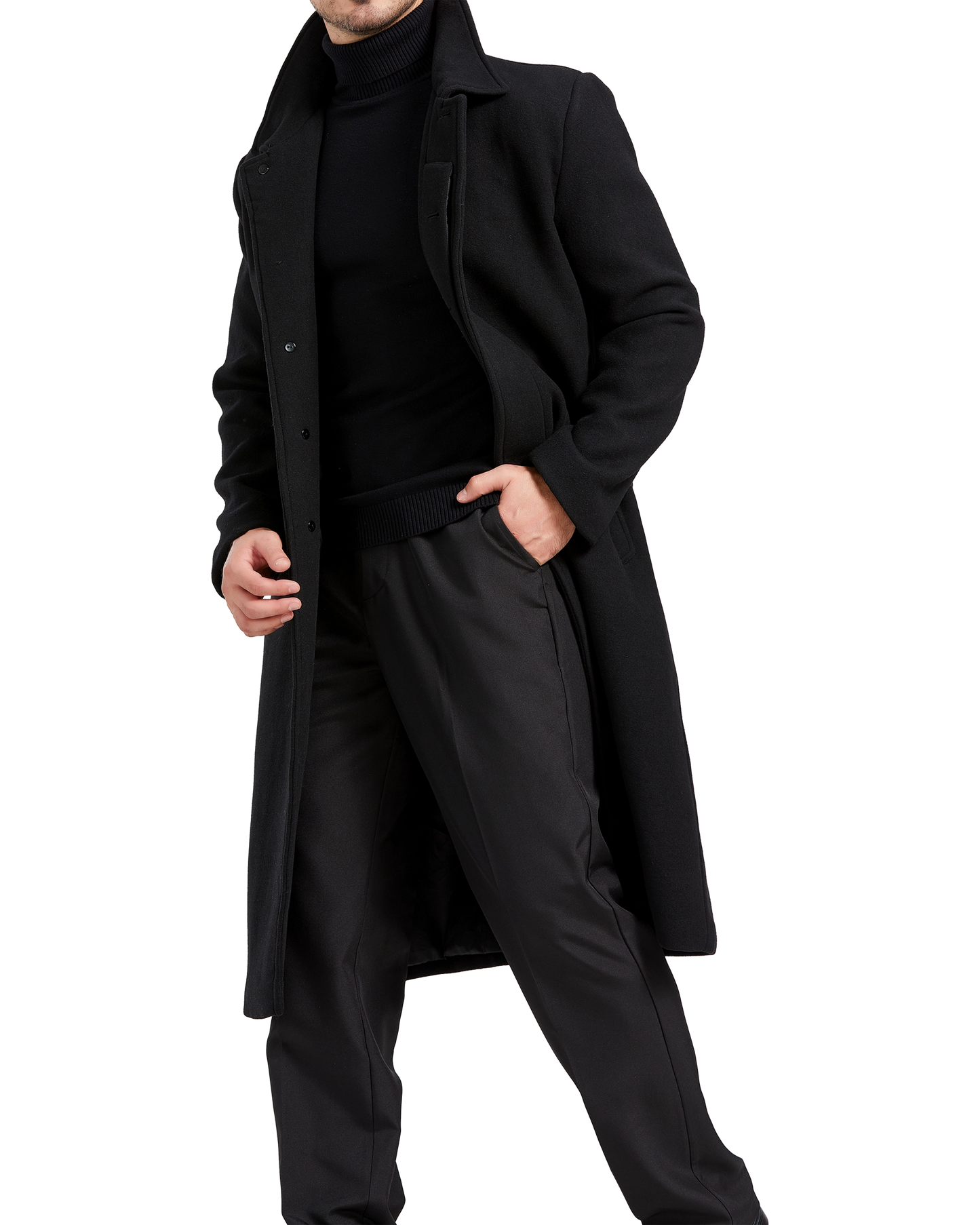 Black Long Wool Cashmere Overcoat Hidden Buttons