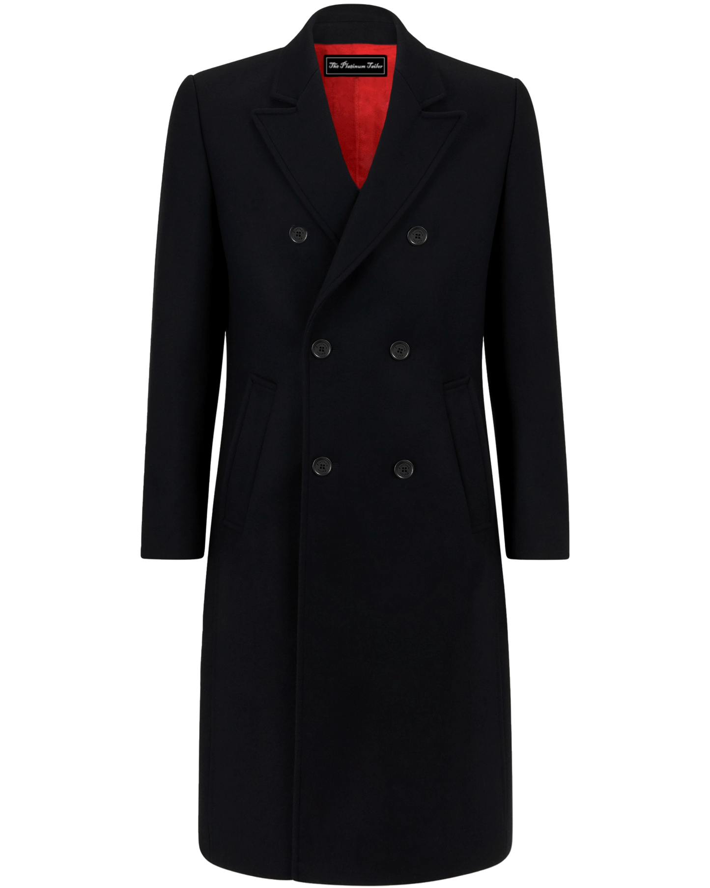 Black Double Breasted Wool Cashmere Long Overcoat Red Lining - The Platinum Tailor