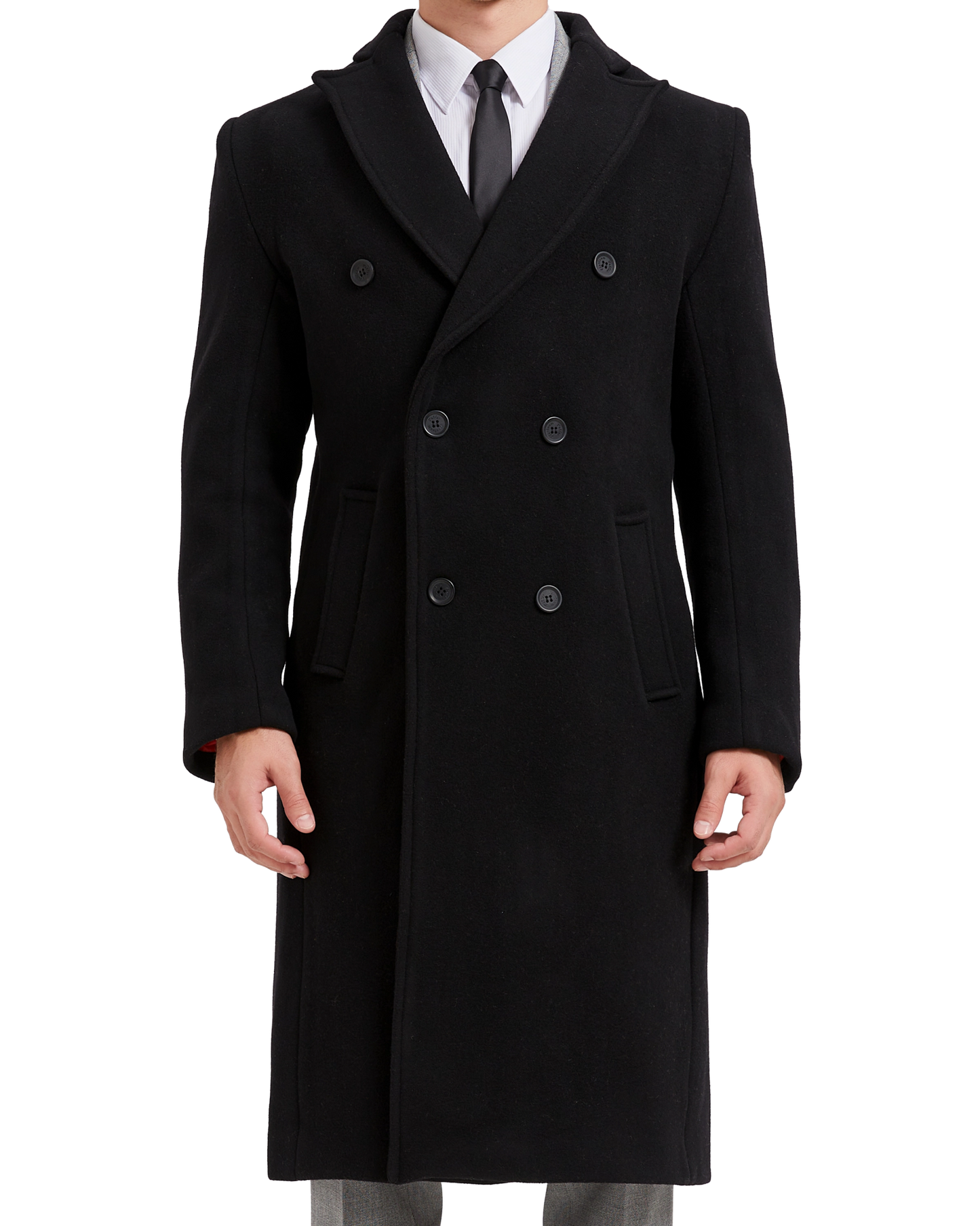 Black Double Breasted Wool Cashmere Long Overcoat Red Lining - The Platinum Tailor