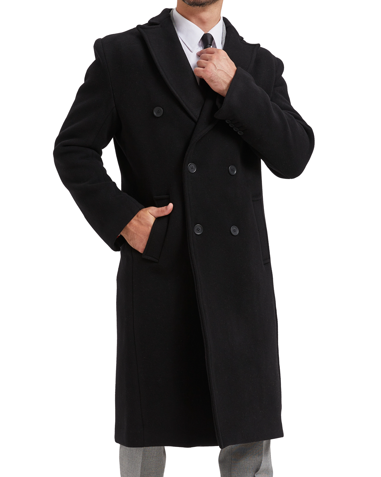 Black Double Breasted Wool Cashmere Long Overcoat Red Lining - The Platinum Tailor