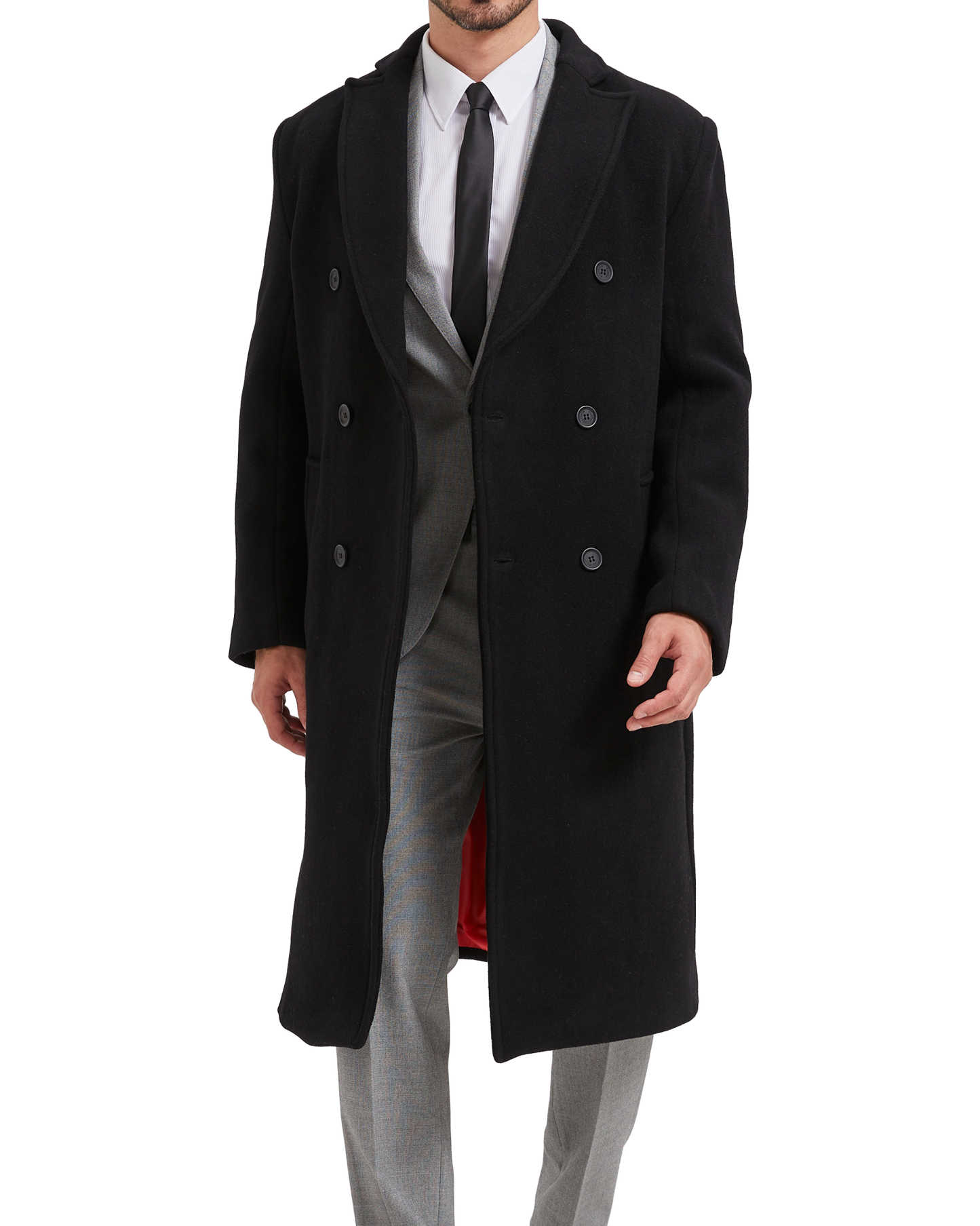 Black Double Breasted Wool Cashmere Long Overcoat Red Lining - The Platinum Tailor