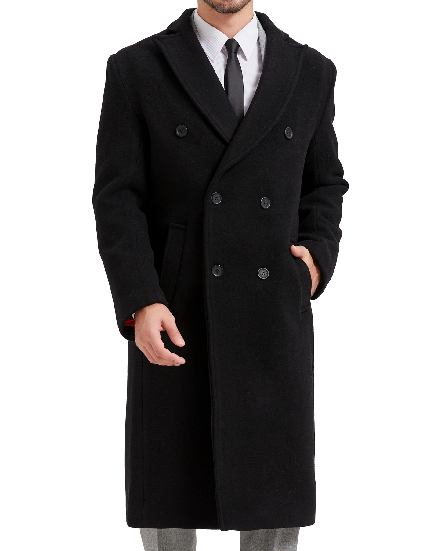 Black Double Breasted Wool Cashmere Long Overcoat Red Lining - The Platinum Tailor