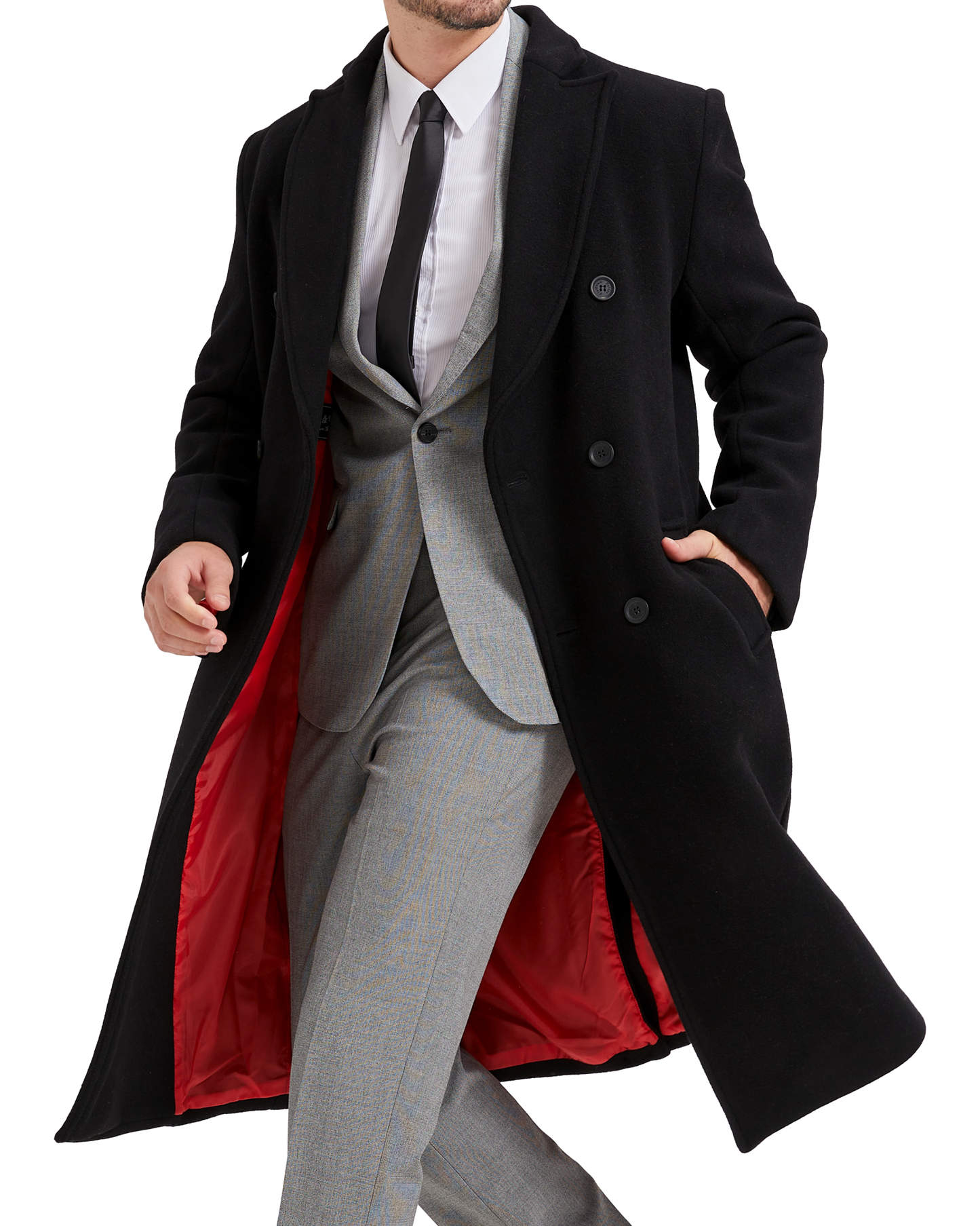 Black Double Breasted Wool Cashmere Long Overcoat Red Lining - The Platinum Tailor