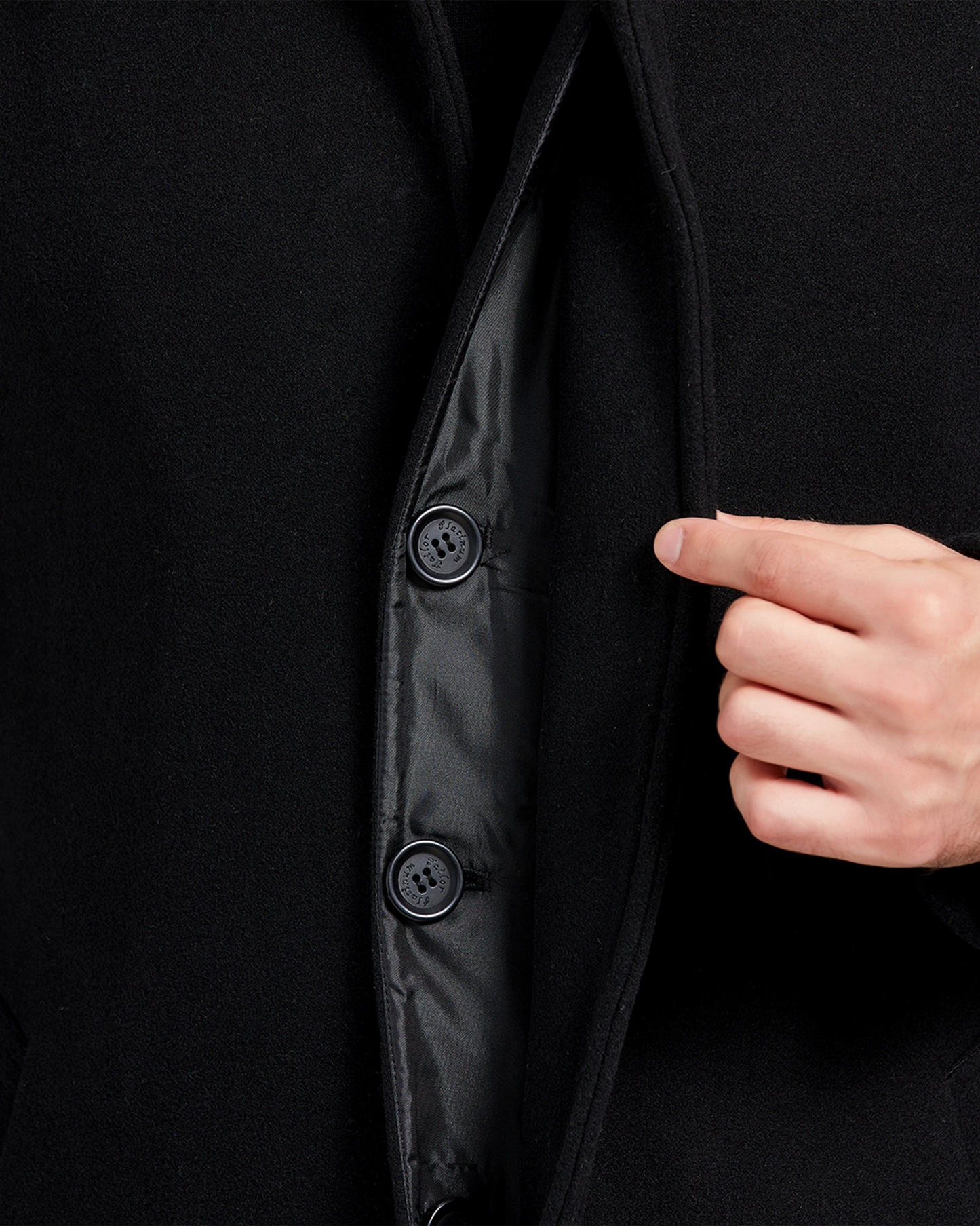 Black Long Wool Cashmere Overcoat Hidden Buttons - The Platinum Tailor