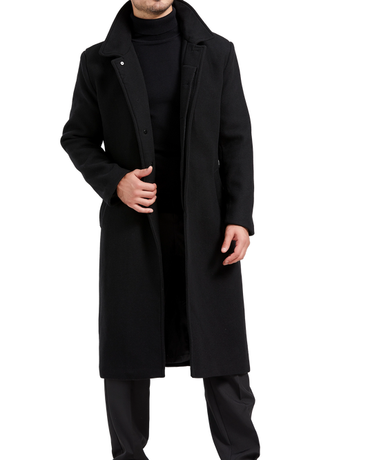 Black Long Wool Cashmere Overcoat Hidden Buttons - The Platinum Tailor