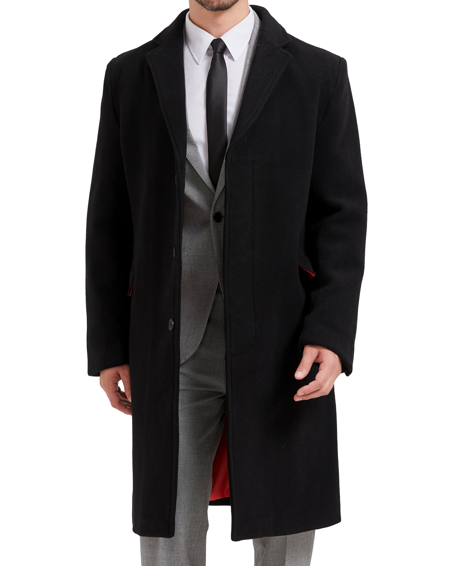 Black Wool Cashmere Bond Overcoat Red Lining - The Platinum Tailor