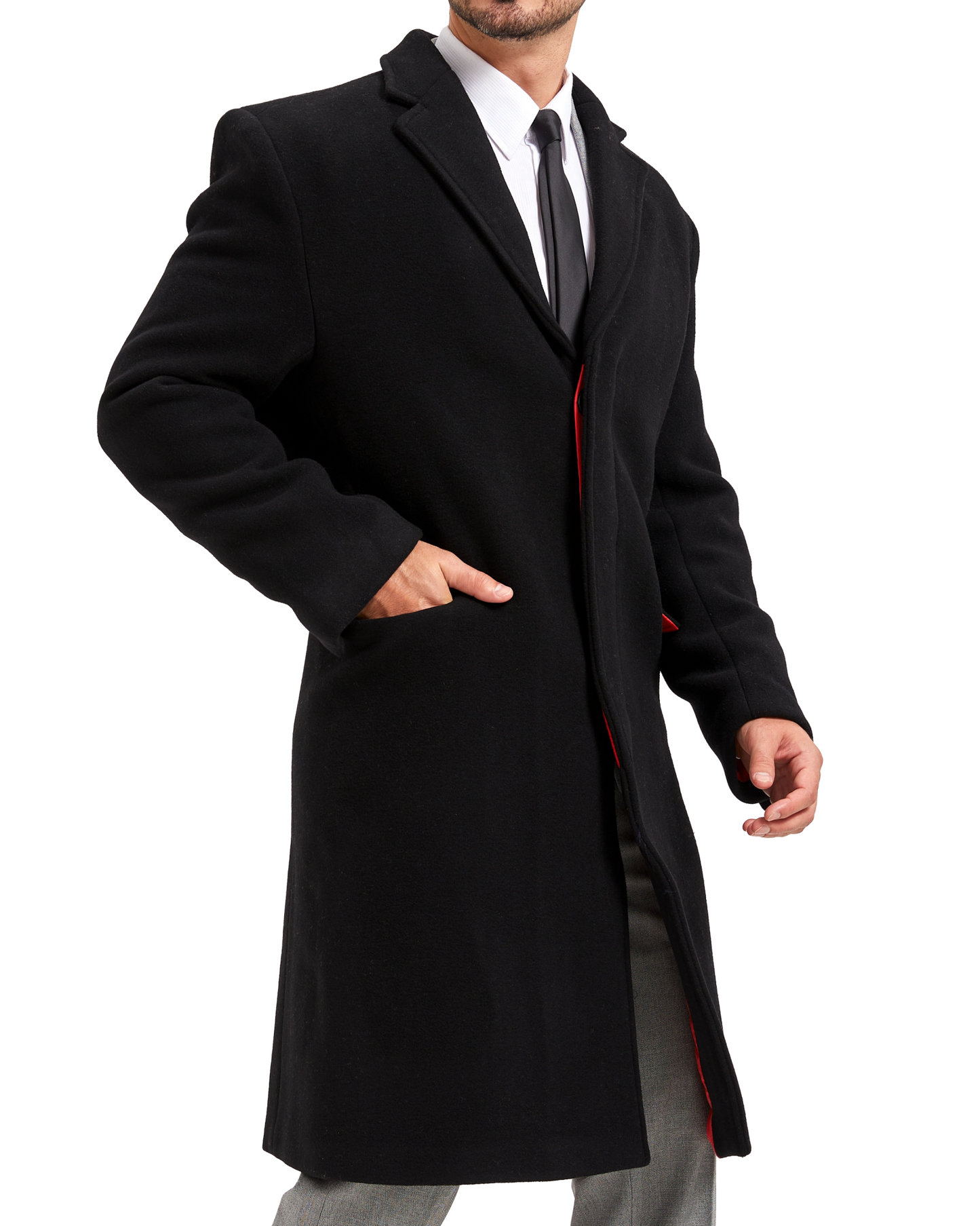 Black Wool Cashmere Bond Overcoat Red Lining - The Platinum Tailor