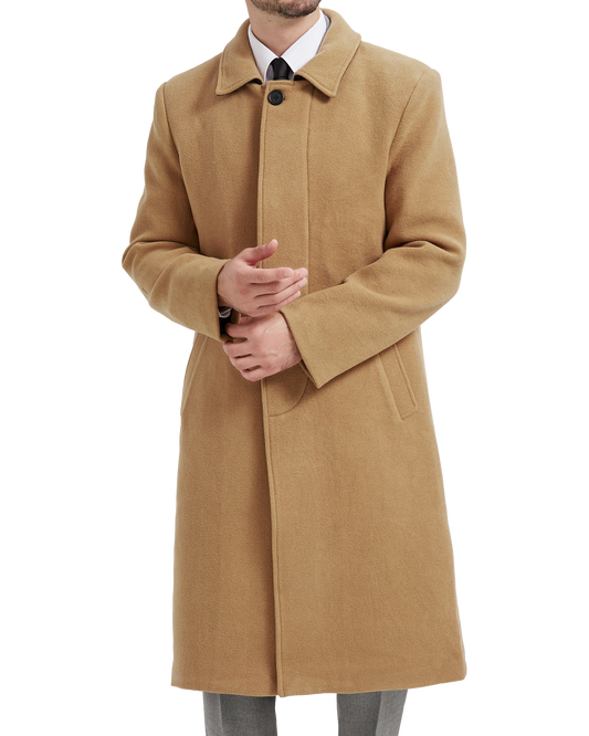 Camel Long Wool Cashmere Overcoat Hidden Buttons - The Platinum Tailor
