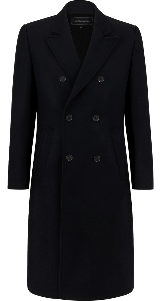 Step Into Elegance with The Platinum Tailor's Black Double Breasted Wool Cashmere Long Overcoat