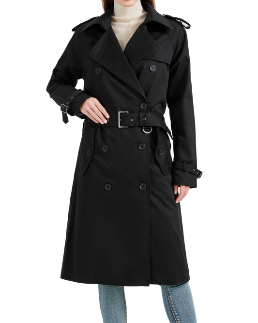 Women's Traditional Black Double Breasted Trench Coat
