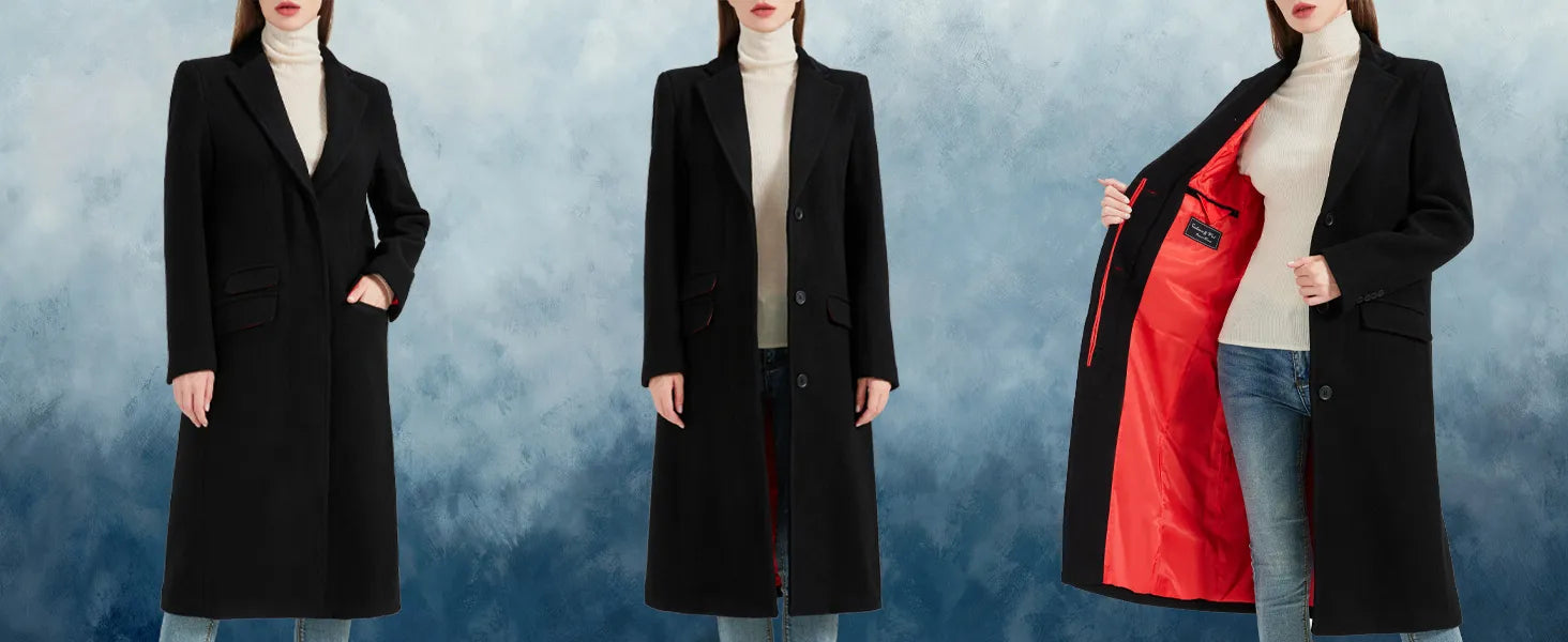 Three images of a person wearing a long black coat with a red lining against a blue gradient background.