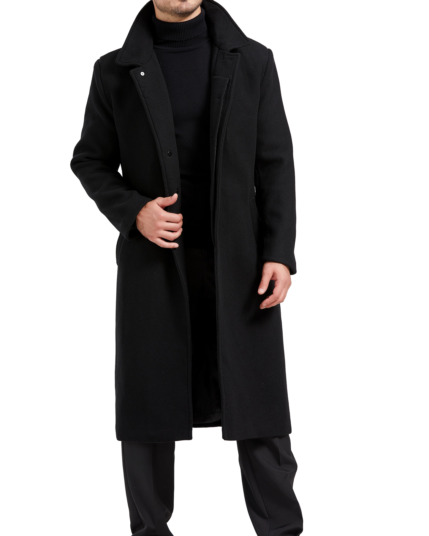 Black Long Wool Cashmere Overcoat Hidden Buttons