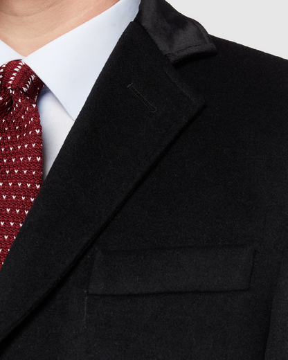Black Wool Cashmere Covert Overcoat With Black Lining