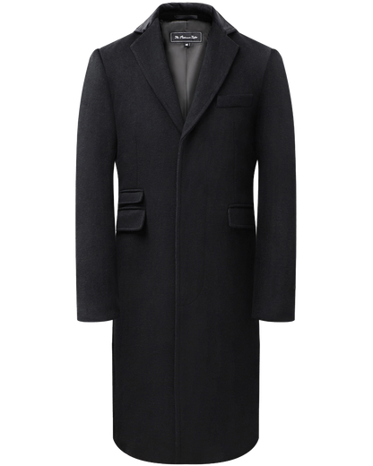 Black Wool Cashmere Covert Overcoat With Black Lining