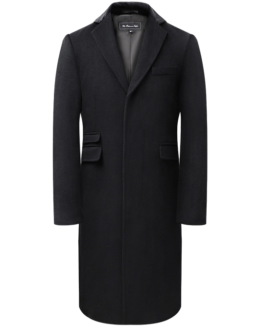 Black Wool Cashmere Covert Overcoat With Black Lining