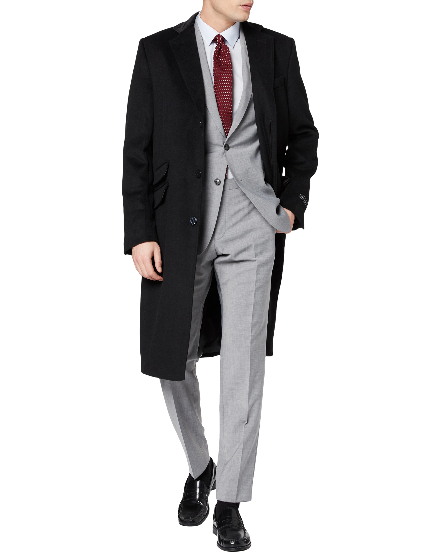 Black Wool Cashmere Covert Overcoat With Black Lining