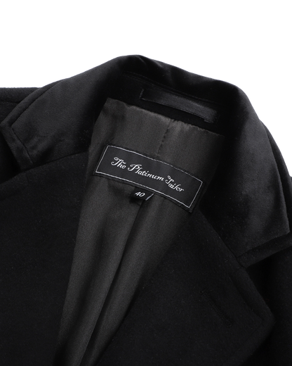 Black Wool Cashmere Covert Overcoat With Black Lining