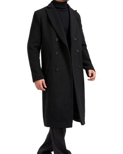 Black Double Breasted Wool Cashmere Long Overcoat