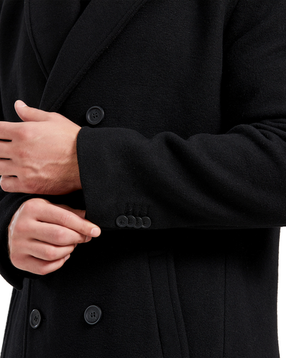 Schwarzer zweireihiger langer Mantel aus Wolle und Kaschmir