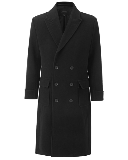 Mens Black Wool Polo Coat Double Breasted Peak Lapel Overcoat