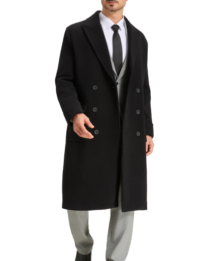 Mens Black Wool Polo Coat Double Breasted Peak Lapel Overcoat