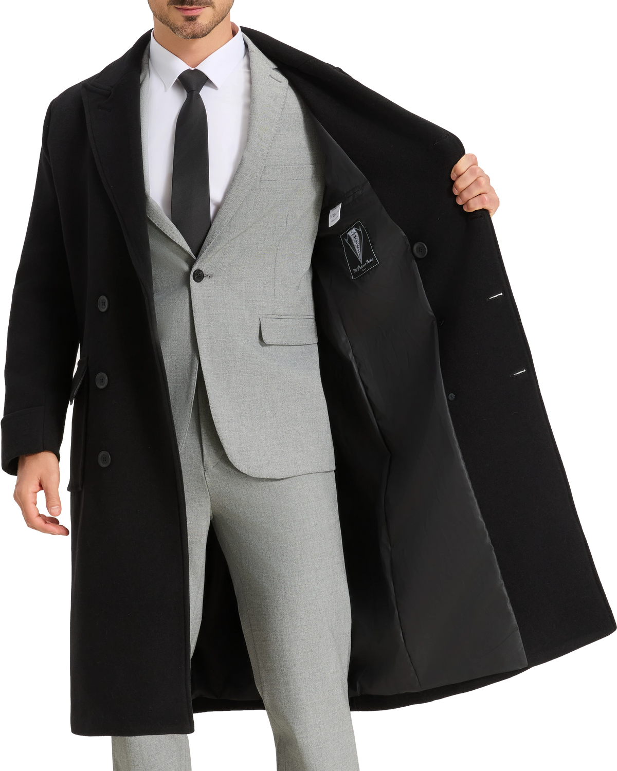 Mens Black Wool Polo Coat Double Breasted Peak Lapel Overcoat