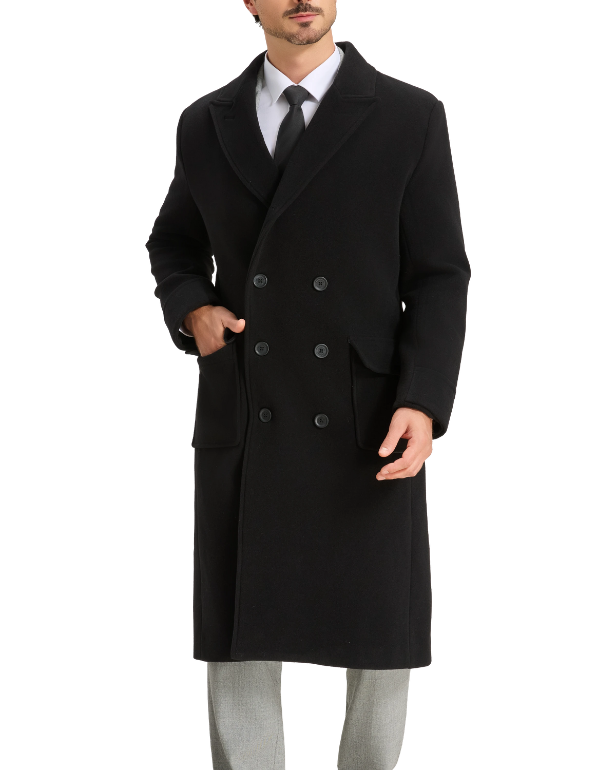 Mens Black Wool Polo Coat Double Breasted Peak Lapel Overcoat