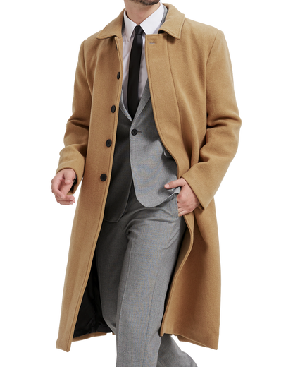 Camel Long Wool Cashmere Overcoat Hidden Buttons