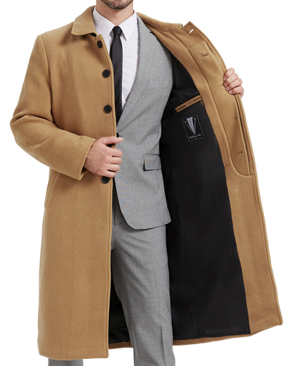 Camel Long Wool Cashmere Overcoat Hidden Buttons
