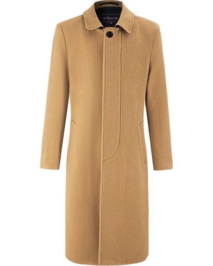 Camel Long Wool Cashmere Overcoat Hidden Buttons