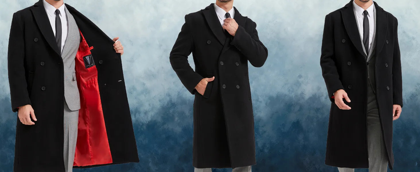 Three men wearing black overcoats against a blue gradient background