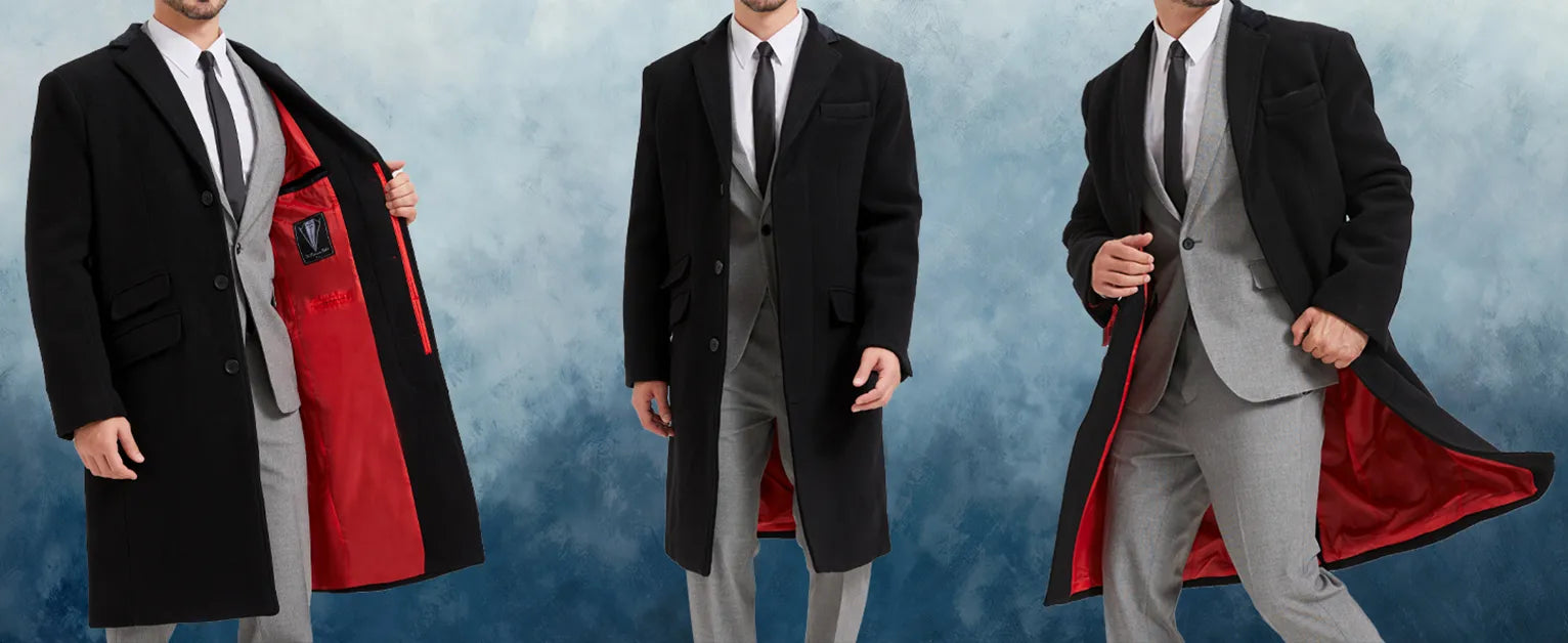 Three men modeling a long black coat with red interior, gray suit, and tie against a blue gradient background.