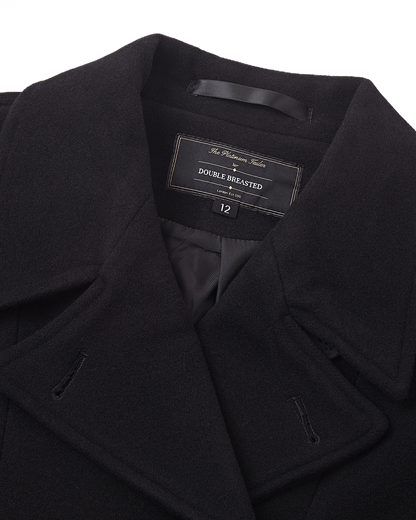 Womens Black Double Breasted Wool Overcoat