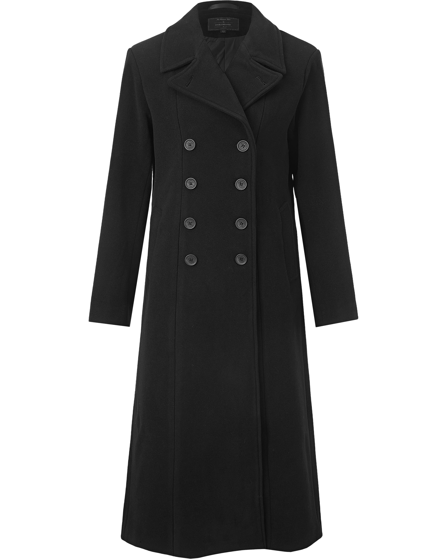 Womens Black Double Breasted Wool Overcoat
