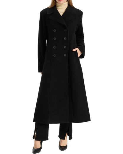 Womens Black Double Breasted Wool Overcoat