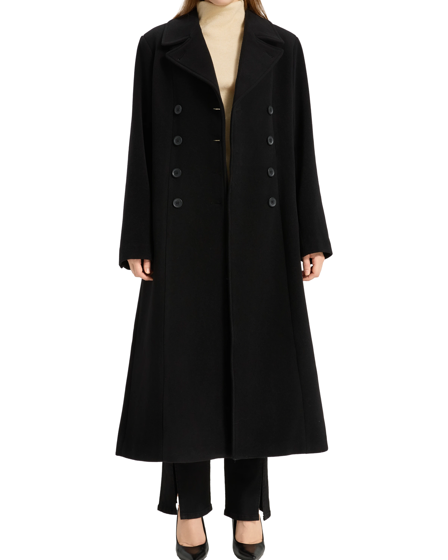 Womens Black Double Breasted Wool Overcoat
