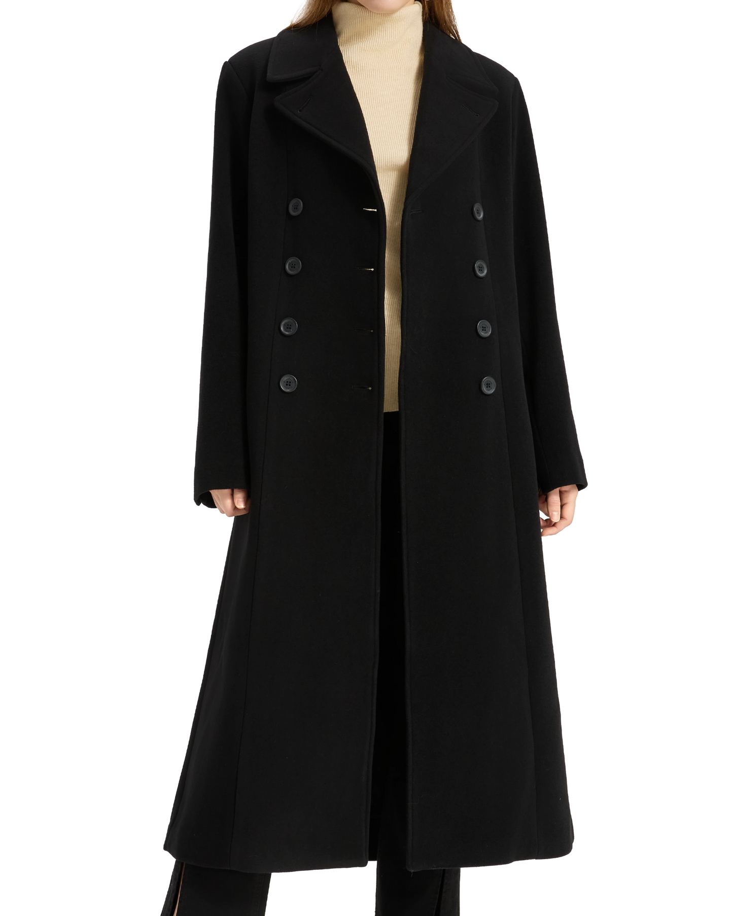 Womens Black Double Breasted Wool Overcoat