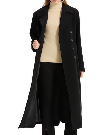 Womens Black Double Breasted Wool Overcoat
