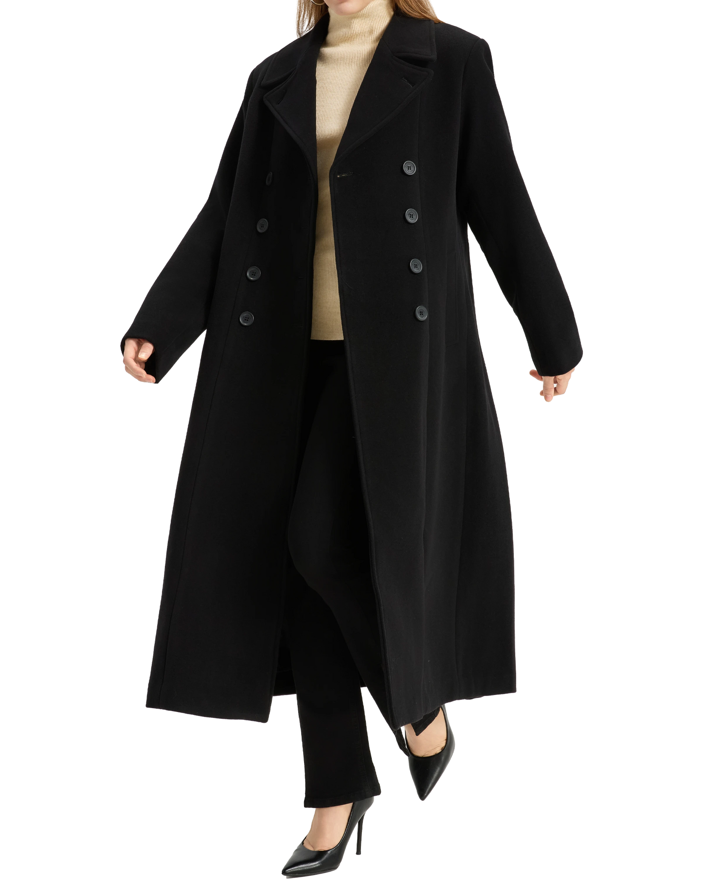 Womens Black Double Breasted Wool Overcoat