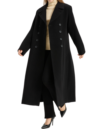 Womens Black Double Breasted Wool Overcoat