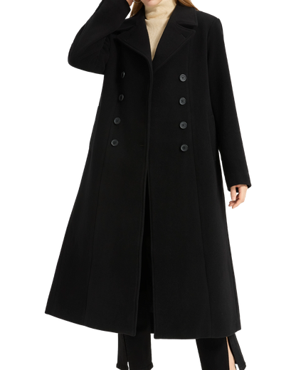 Womens Black Double Breasted Wool Overcoat