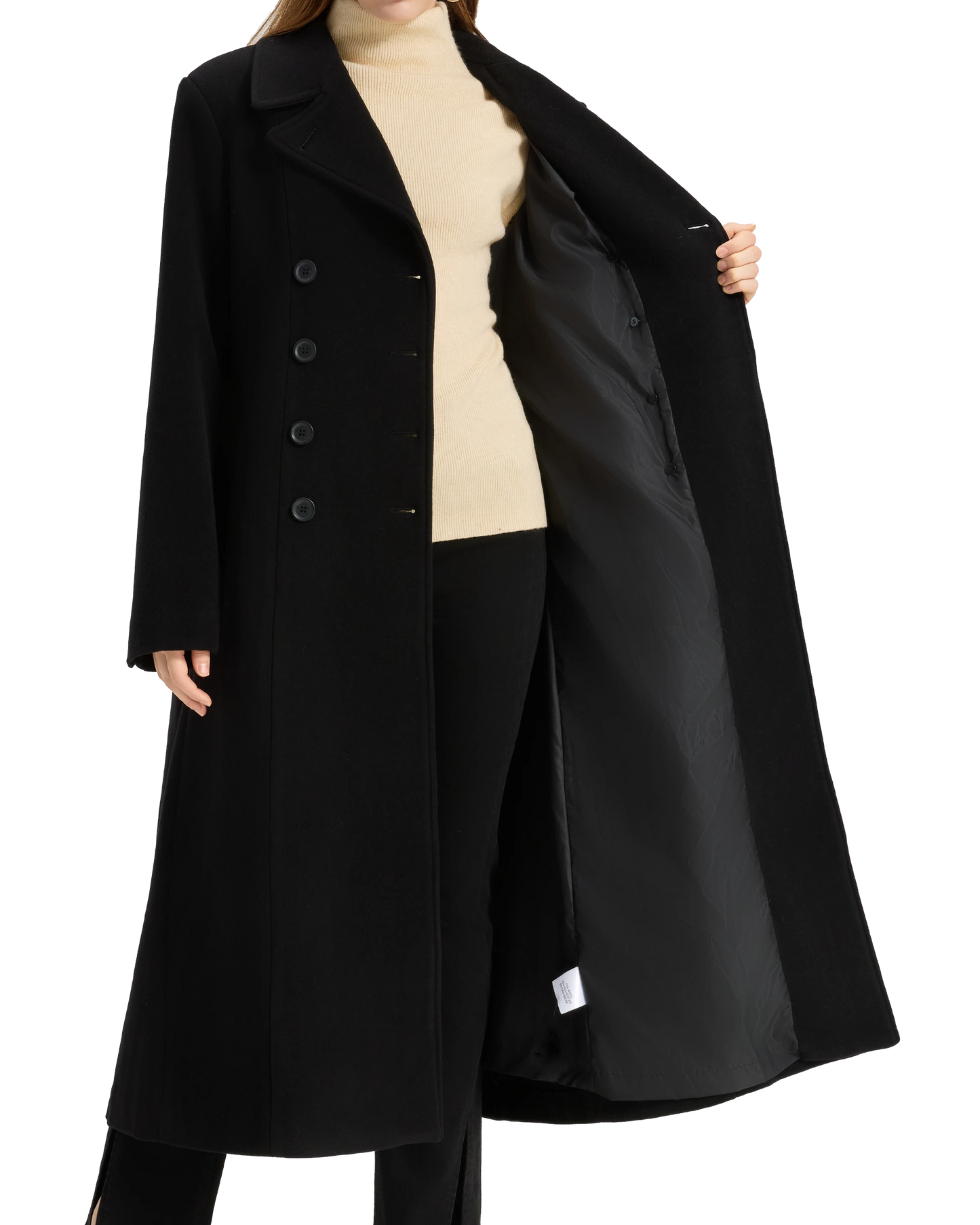 Womens Black Double Breasted Wool Overcoat