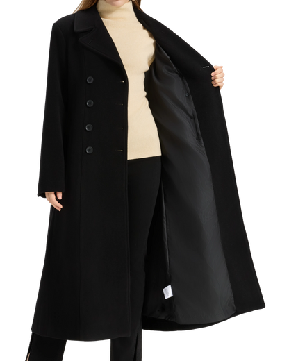 Womens Black Double Breasted Wool Overcoat