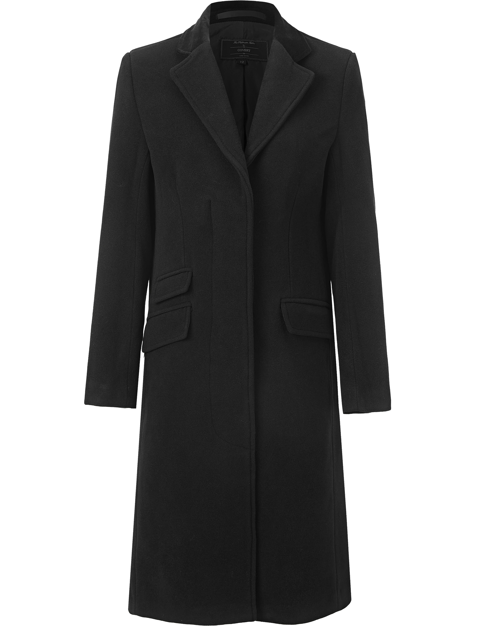 Flat front view of the black covert overcoat showing the flap pockets and clean placket