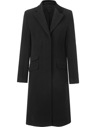 Flat front view of the black covert overcoat showing the flap pockets and clean placket