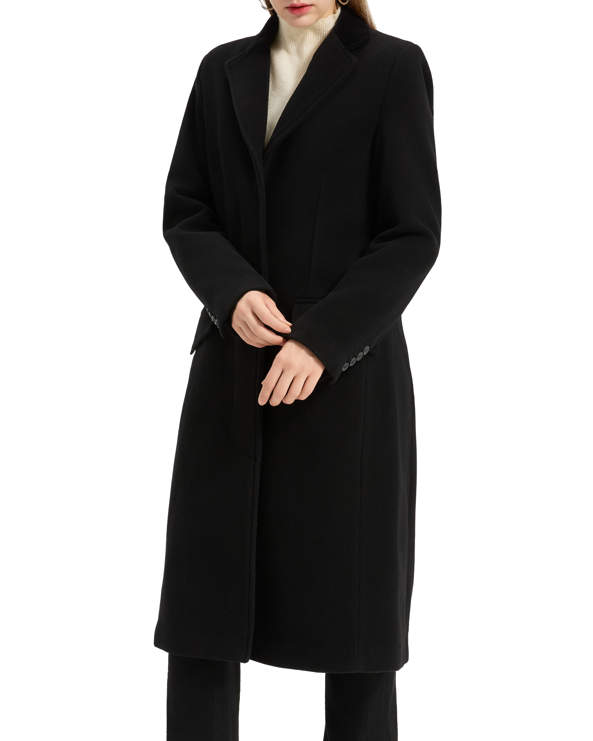 Model with the collar of the black covert overcoat turned up