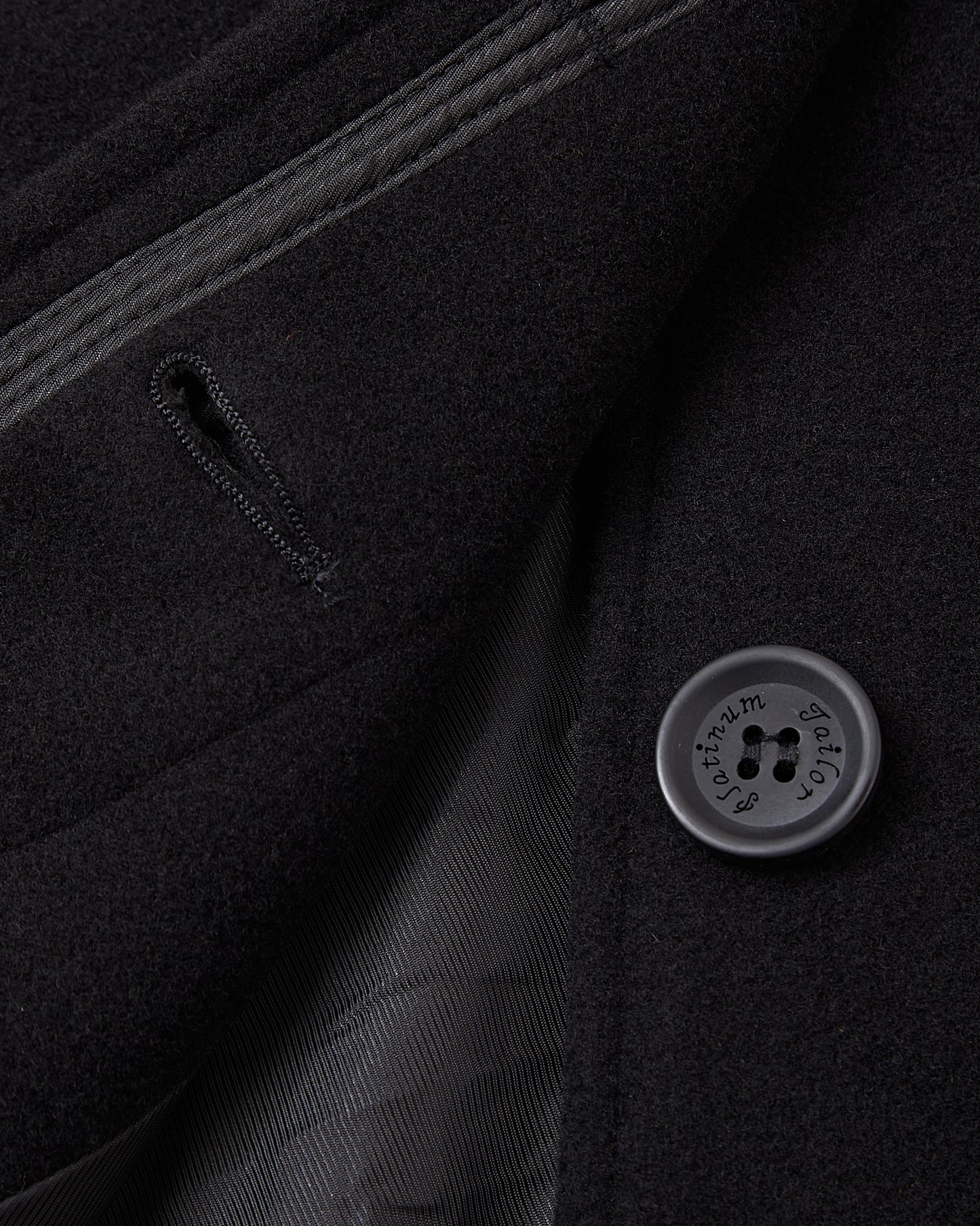 Detail of the concealed placket and dark button on the black overcoat