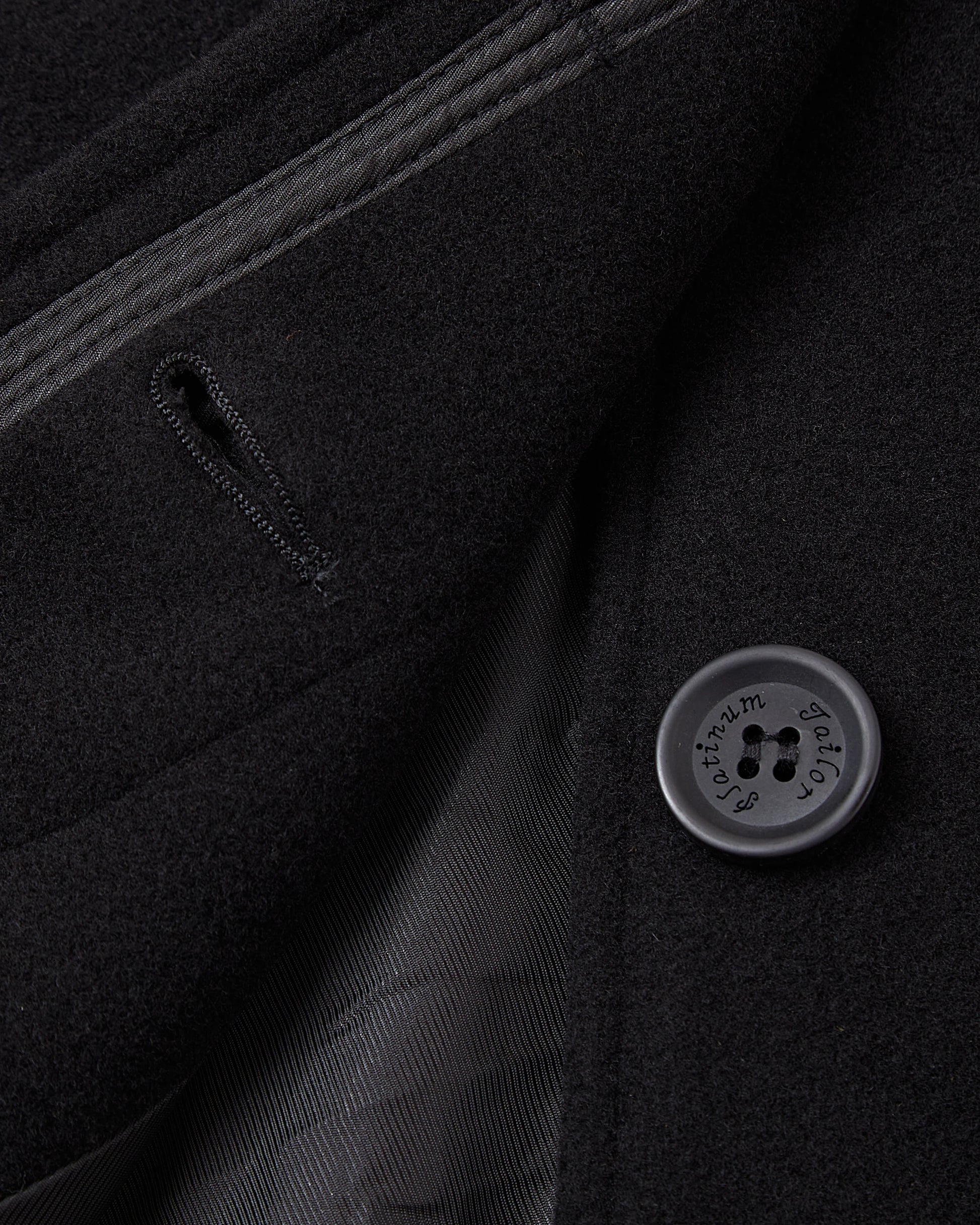 Detail of the concealed placket and dark button on the black overcoat