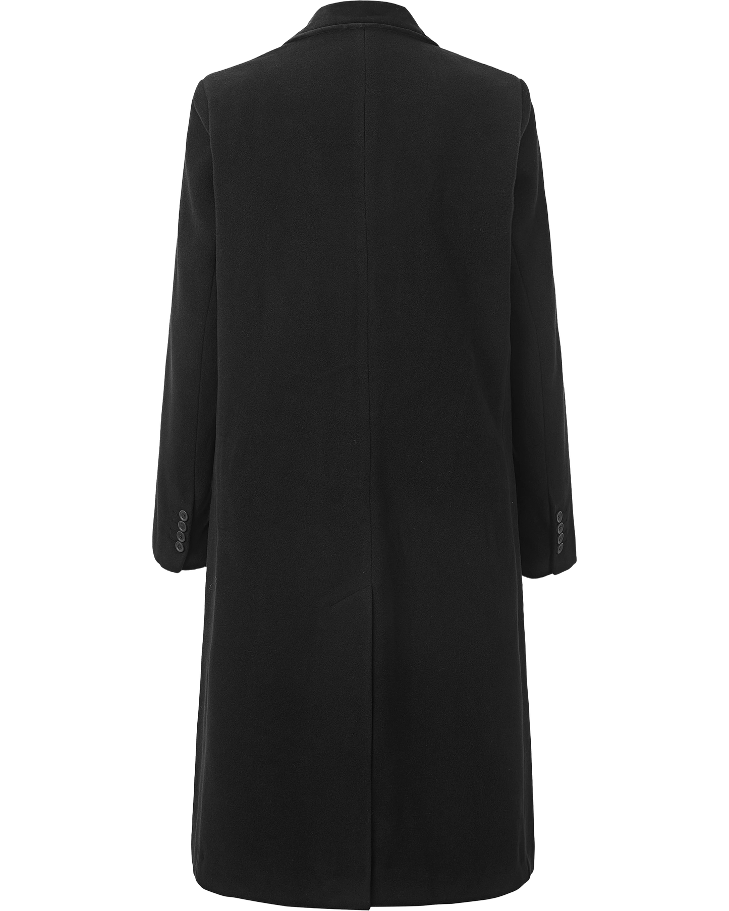 Flat back view of the black wool cashmere covert overcoat