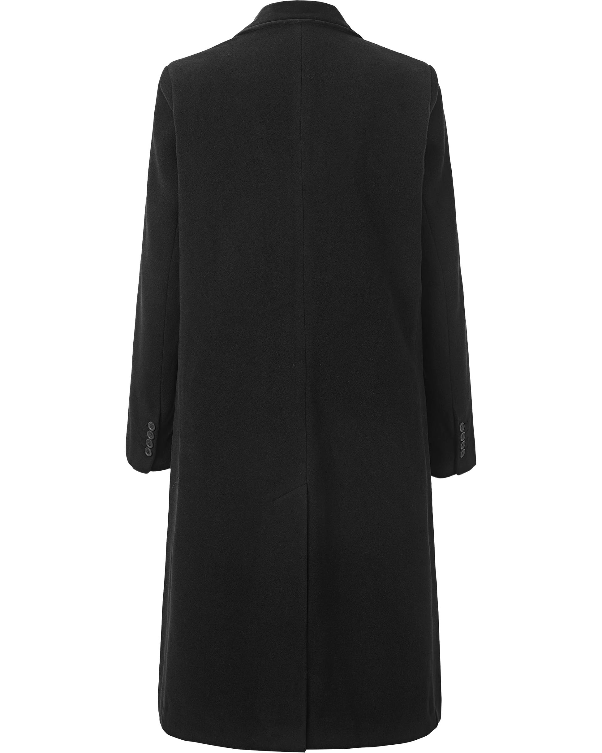 Flat back view of the black wool cashmere covert overcoat